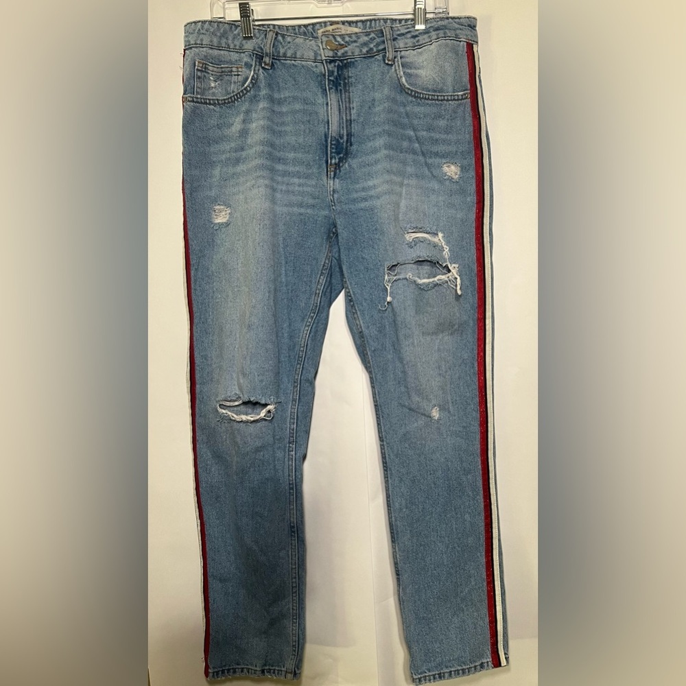 Zara Z1975 Straight‎ Leg Distressed Blue Jeans W/ Red White & Blue Stripe SZ 10 - Picture 9 of 10